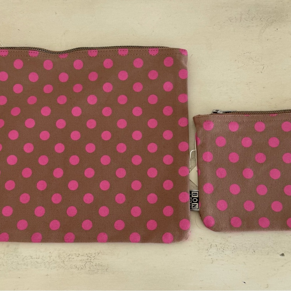 Bonton Brown and Pink Polka Dot Pouch Set
